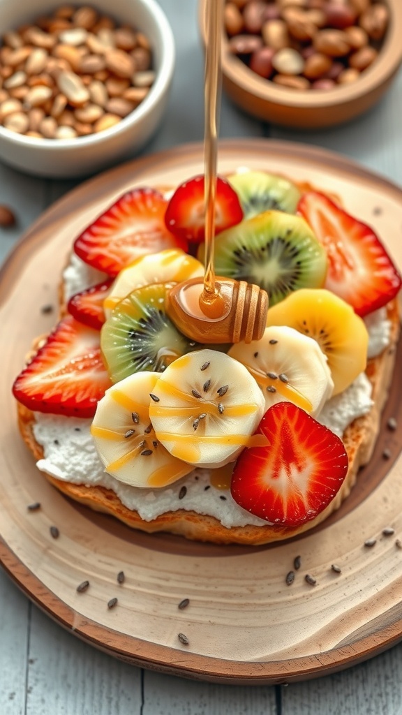 Colorful toast topped with fruits and seeds on a wooden board.